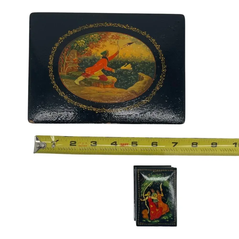 Vintage Russian Lacquer Box Set Large & Small Hand Painted USSR Palekh Style